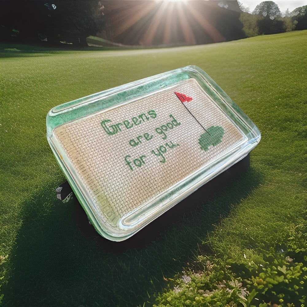 Vintage Needlepoint Golf Paperweight "Greens Are Good for You" Glass Desk Decor
